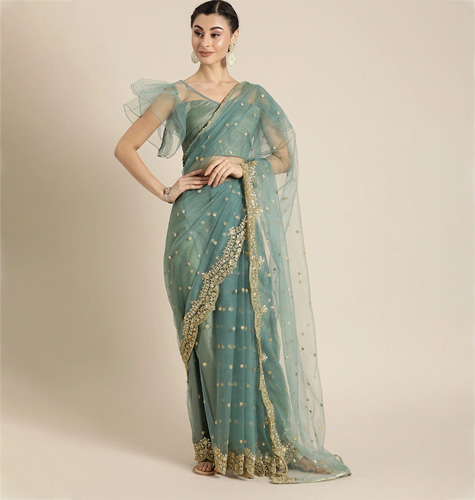 Green & Gold-Toned Net Embroidered Saree